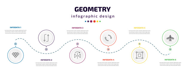geometry infographic element with icons and 6 step or option. geometry icons such as polygonal jewel, flip, mirror horizontally, reverse, bounding box, polygonal jet aircraft vector. can be used for