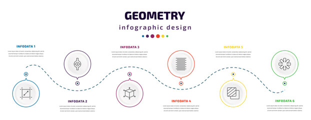 geometry infographic element with icons and 6 step or option. geometry icons such as dimensions, joint, 3d cube, center alignment, foreground, asterisk vector. can be used for banner, info graph,