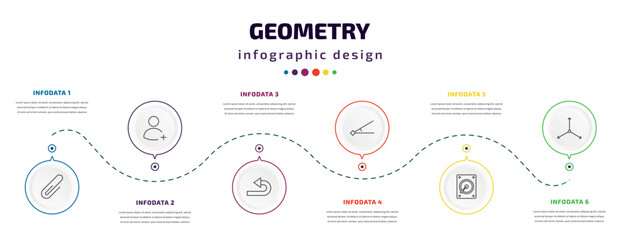 geometry infographic element with icons and 6 step or option. geometry icons such as attach, join, undo, angle, disk, axis vector. can be used for banner, info graph, web, presentations.