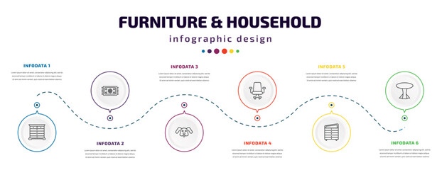 furniture & household infographic element with icons and 6 step or option. furniture & household icons such as chest of drawers, rug, dog, desk chair, davenport, table vector. can be used for