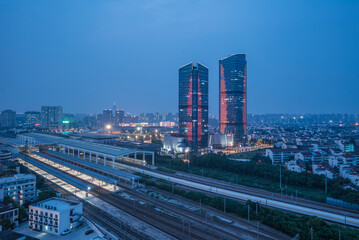 Fototapeta na wymiar Aerial shot of Changzhou High-speed Railway Station, Changzhou City, Jiangsu Province, China