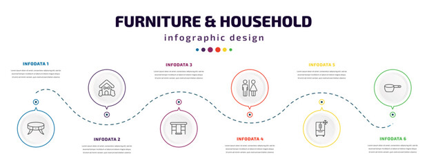 furniture & household infographic element with icons and 6 step or option. furniture & household icons such as coffee table, pet house, gateleg table, wc, refrigerator, small saucepan vector. can be