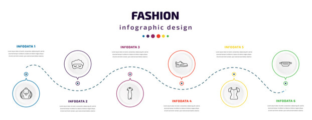 fashion infographic element with icons and 6 step or option. fashion icons such as shoulder bag, sleeping mask, cheongsam, men shoe, blouse with buttons, belt pouch vector. can be used for banner,
