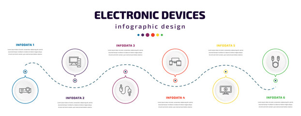 electronic devices infographic element with icons and 6 step or option. electronic devices icons such as projector, personal computer, sound cable, devices, smart tv, sata vector. can be used for