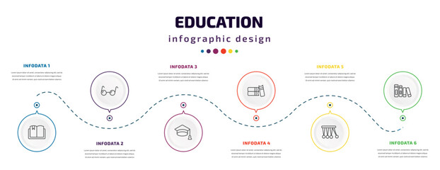 education infographic element with icons and 6 step or option. education icons such as book with bookmark, studying glasses, graduate cap, three books, newton cradle, library books vector. can be