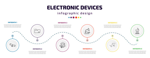 electronic devices infographic element with icons and 6 step or option. electronic devices icons such as diploma roll, black folder, college graduation, biology microscope, square root in class,