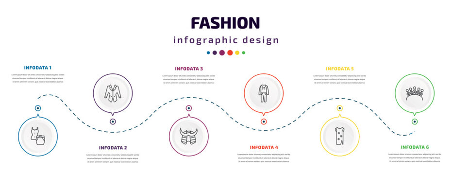 fashion infographic element with icons and 6 step or option. fashion icons such as outfit, jacket with pockets, samurai helmet, men tracksuit, tunic, diadem vector. can be used for banner, info