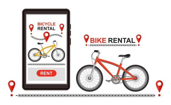 Bike rental service, public bicycle sharing system mobile app. City rent station, cycle hire parking business. Cycling road travel. Sport street transport. GPS smartphone biking route tracking. Vector