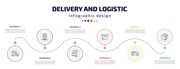 delivery and logistic infographic element with icons and 6 step or option. delivery and logistic icons such as cargo, ship by sea, freight, delivery containers, cargo bus, parcel vector. can be used