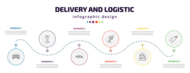 delivery and logistic infographic element with icons and 6 step or option. delivery and logistic icons such as cargo train, fragile, delivery by car, man, duty free, tag vector. can be used for