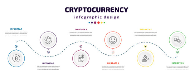 cryptocurrency infographic element with icons and 6 step or option. cryptocurrency icons such as bitcoin, function, banking, greed, auction hammer, market trends vector. can be used for banner, info