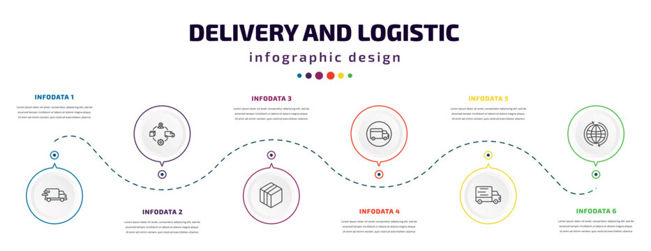 Delivery And Logistic Infographic Element With Icons And 6 Step Or Option. Delivery And Logistic Icons Such As Delivery Truck, Supply Chain, Box, Shipping, Transportation, Worldwide Vector. Can Be