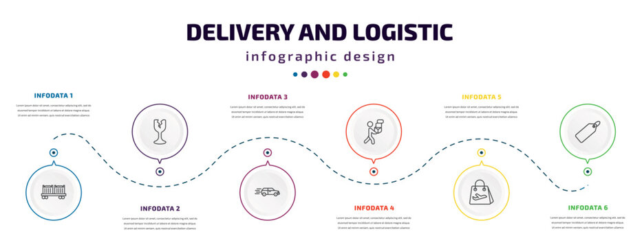 delivery and logistic infographic element with icons and 6 step or option. delivery and logistic icons such as cargo train, fragile, delivery by car, man, duty free, tag vector. can be used for