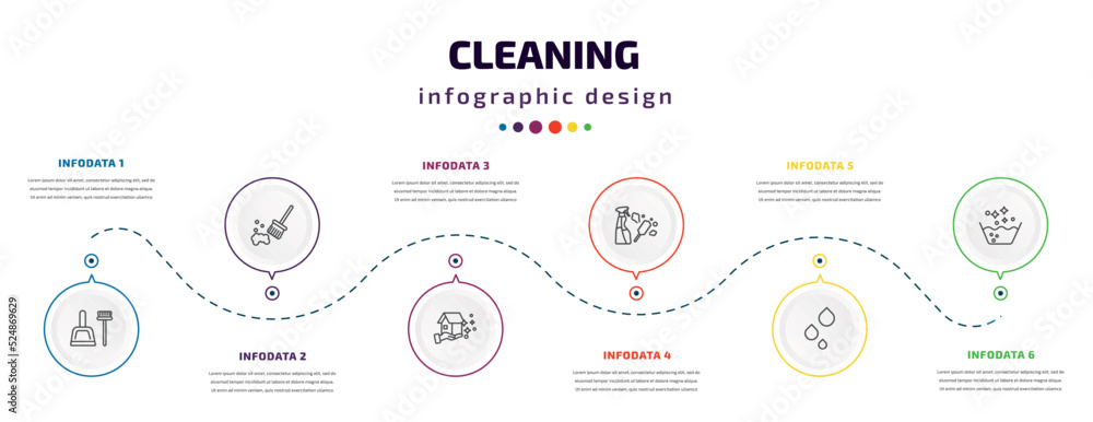 Poster cleaning infographic element with icons and 6 step or option. cleaning icons such as dustpan, sweepi