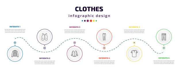 clothes infographic element with icons and 6 step or option. clothes icons such as denim shirt, waistcoat, cotton cardigan, leggins, henley shirt, oxford wave suit pants vector. can be used for