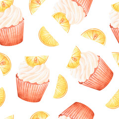 Lemon cupcakes seamless pattern. Watercolor illustration. Isolated on a white background