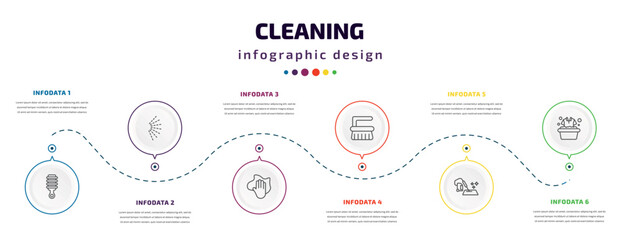 cleaning infographic element with icons and 6 step or option. cleaning icons such as suspension, spray, wiping, scrub brush, carpet cleaning, clothes vector. can be used for banner, info graph, web,