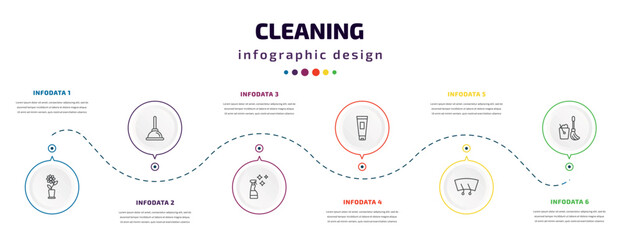 cleaning infographic element with icons and 6 step or option. cleaning icons such as rose cleanin, plunger, glass cleaner, cream, wiper, mop vector. can be used for banner, info graph, web,