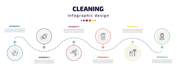 cleaning infographic element with icons and 6 step or option. cleaning icons such as hot water, washing dishes, faucet cleanin, garbage, dustpan cleanin, charwoman vector. can be used for banner,