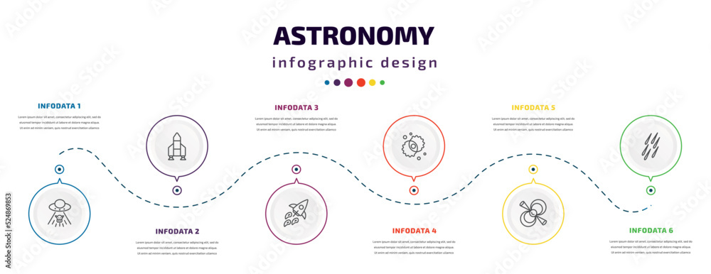 Poster astronomy infographic element with icons and 6 step or option. astronomy icons such as ufo and cow, 