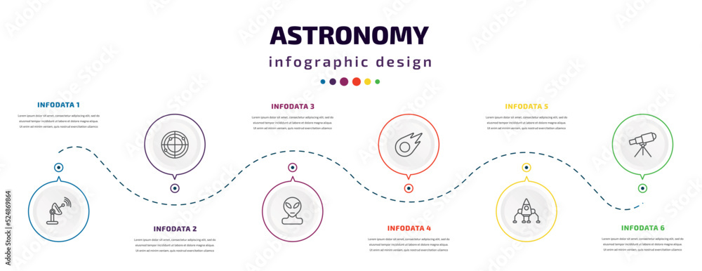 Poster astronomy infographic element with icons and 6 step or option. astronomy icons such as voyager, rada