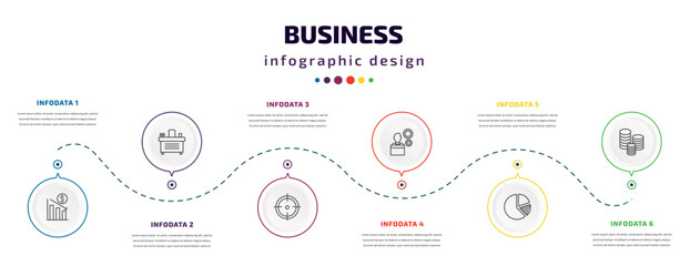 business infographic element with icons and 6 step or option. business icons such as deficit, director desk, target, employee going to work, pie chart statistics, stacks of coins vector. can be used