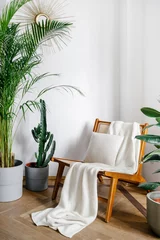 Fotobehang Boho Houseplants and rattan chair with plaid in living room  © brizmaker