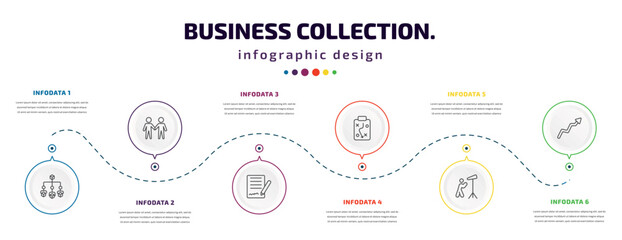 business collection. infographic element with icons and 6 step or option. business collection. icons such as hierarchical order, men couple, , tactic, man looking, graphic arrow vector. can be used