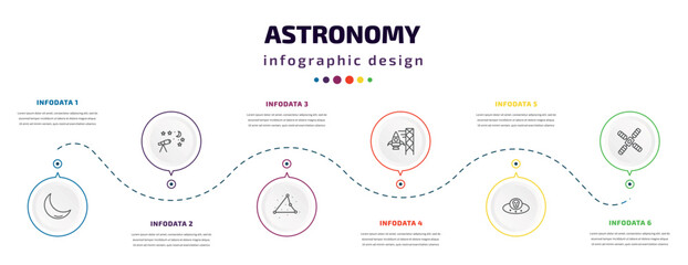 astronomy infographic element with icons and 6 step or option. astronomy icons such as crescent moon, astronomy, triangulam australe, spaceport, alien with aqualung, big satellite vector. can be