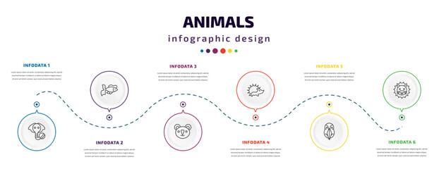 animals infographic element with icons and 6 step or option. animals icons such as elephant on a ball, goldfish, koala, hedgehog, deadlock, lion vector. can be used for banner, info graph, web,