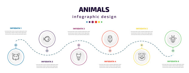 animals infographic element with icons and 6 step or option. animals icons such as wolf, flounder, lama, aw, beaver, goat vector. can be used for banner, info graph, web, presentations.