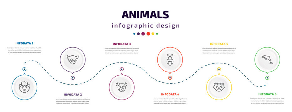 animals infographic element with icons and 6 step or option. animals icons such as female sheep, siberian husky, bulldog, ladybug, skunk, dolphin jumping vector. can be used for banner, info graph,