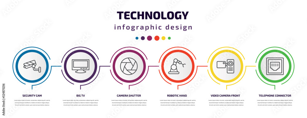 Aufkleber technology infographic template with icons and 6 step or option. technology icons such as security c