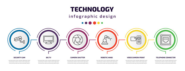 technology infographic template with icons and 6 step or option. technology icons such as security cam, big tv, camera shutter, robotic hand, video camera front view, telephone connector vector. can
