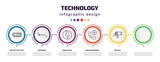 Fototapeta na wymiar technology infographic template with icons and 6 step or option. technology icons such as battery with two bars, recording, green flash, basic microphone, add call, hairdressing tools vector. can be