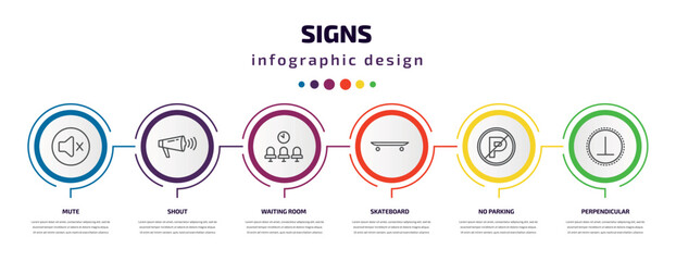 signs infographic template with icons and 6 step or option. signs icons such as mute, shout, waiting room, skateboard, no parking, perpendicular vector. can be used for banner, info graph, web,