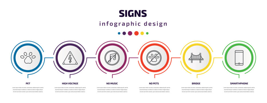 signs infographic template with icons and 6 step or option. signs icons such as pet, high voltage, no music, no pets, bridge, smarthphone vector. can be used for banner, info graph, web,