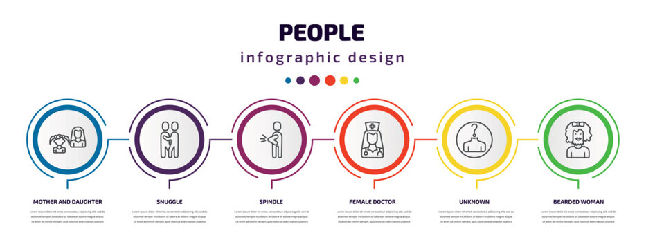 people infographic template with icons and 6 step or option. people icons such as mother and daughter, snuggle, spindle, female doctor, unknown, bearded woman vector. can be used for banner, info
