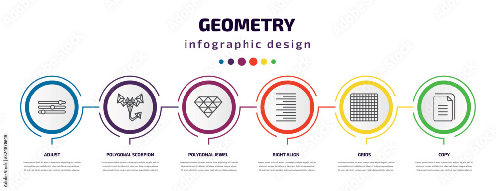 Poster geometry infographic template with icons and 6 step or option. geometry icons such as adjust, polygo