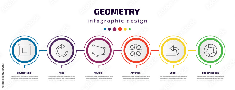 Poster geometry infographic template with icons and 6 step or option. geometry icons such as bounding box, 