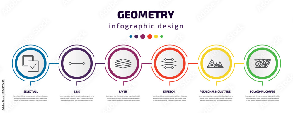 Poster geometry infographic template with icons and 6 step or option. geometry icons such as select all, li