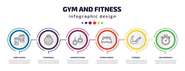 gym and fitness infographic template with icons and 6 step or option. gym and fitness icons such as sport gloves, fitness ball, gymnastic rings, shorts, steroids, big stopwatch vector. can be used