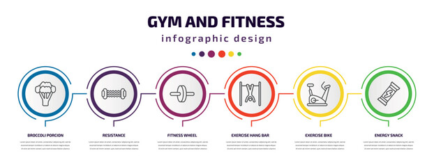 gym and fitness infographic template with icons and 6 step or option. gym and fitness icons such as broccoli porcion, resistance, fitness wheel, exercise hang bar, exercise bike, energy snack
