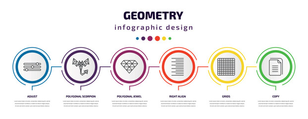 geometry infographic template with icons and 6 step or option. geometry icons such as adjust, polygonal scorpion, polygonal jewel, right align, grids, copy vector. can be used for banner, info