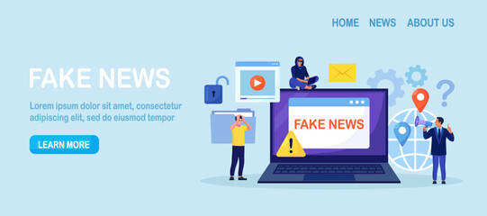 Fake news. Mass media political propaganda. Unknown person spreading false information, misinformation in internet. Fraud and cheat content in social network. Vector design