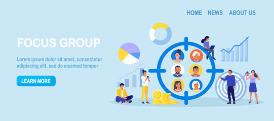 Marketing social focus group. People avatars in crosshair. Businessmen study audience, research consumer behavior. Target audience at aim. Customer attraction campaign, accurate seo, advertising