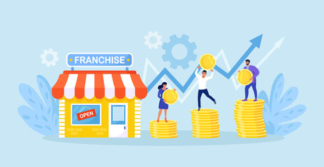 Franchise marketing system. People Start Franchise Small Enterprise, Company with Corporate Headquarter. Shop and Stacks of Money, Graph. Businessmen Increase Revenue, Profit with Franchising Business