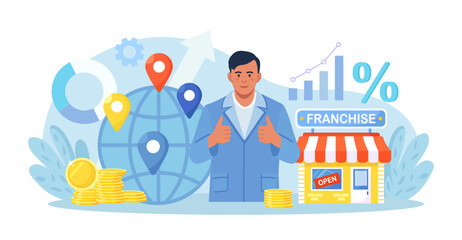 Franchise Marketing System. Man Starts Franchise Small Enterprise, Company with Corporate Headquarter. Expanding Brand Store Network on World Map. Businessman Increase Revenue, Profit with Franchising
