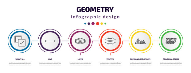geometry infographic template with icons and 6 step or option. geometry icons such as select all, line, layer, stretch, polygonal mountains, polygonal coffee cup vector. can be used for banner, info