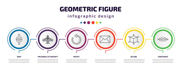 geometric figure infographic template with icons and 6 step or option. geometric figure icons such as joint, polygonal jet aircraft, rotate, , 3d cube, constraint vector. can be used for banner,
